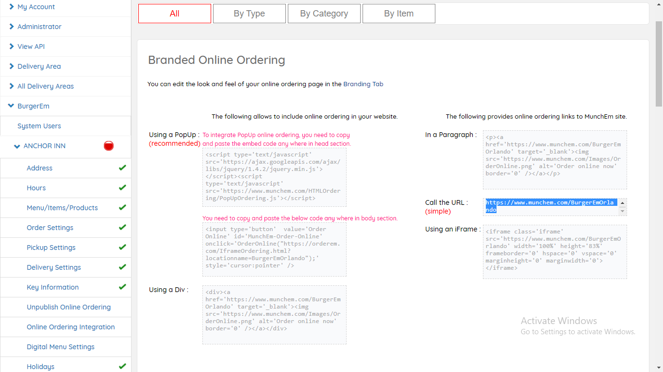 Online ordering Integration page